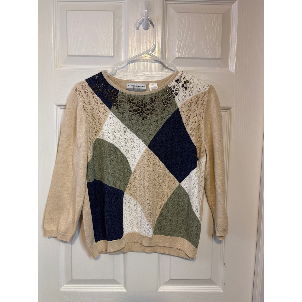 Alfred Dunner Petite Embellished Knit Patchwork Sweater Top Womens PXL J-0458